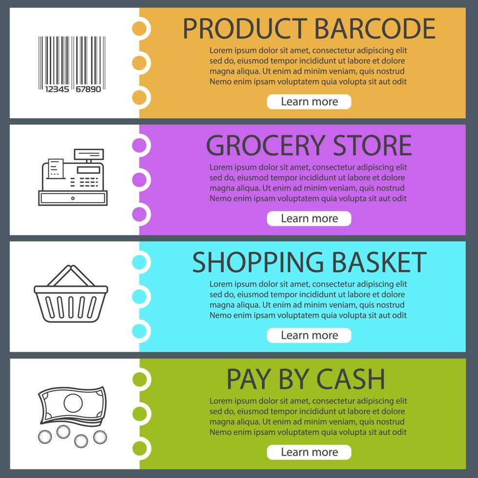 set di modelli di banner per supermercati. negozio di alimentari. codice a barre del prodotto, registratore di cassa, carrello della spesa, denaro. voci di menu del sito Web con icone lineari. banner web a colori. concetti di design delle intestazioni vettoriali