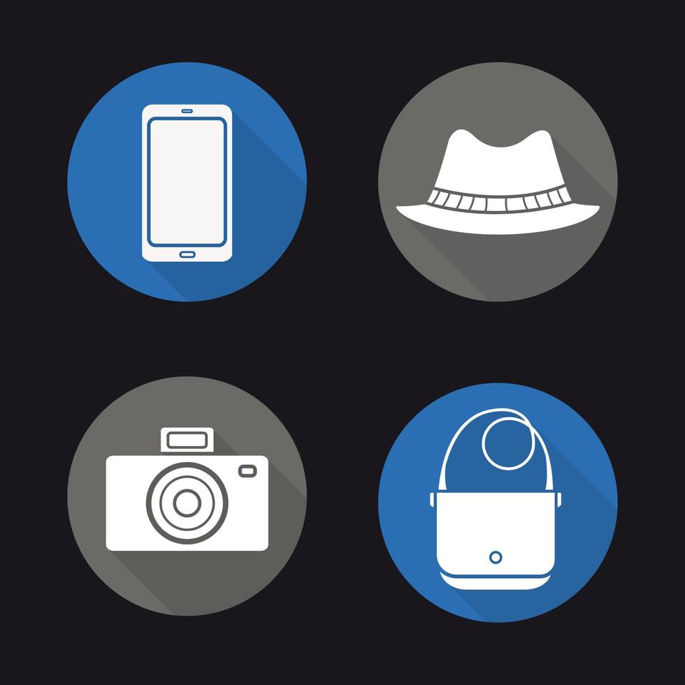 attrezzatura del turista. set di icone di design piatto lunga ombra. accessori da uomo. smartphone, macchina fotografica, cappello homburg e borsa in pelle. illustrazione vettoriale silhouette