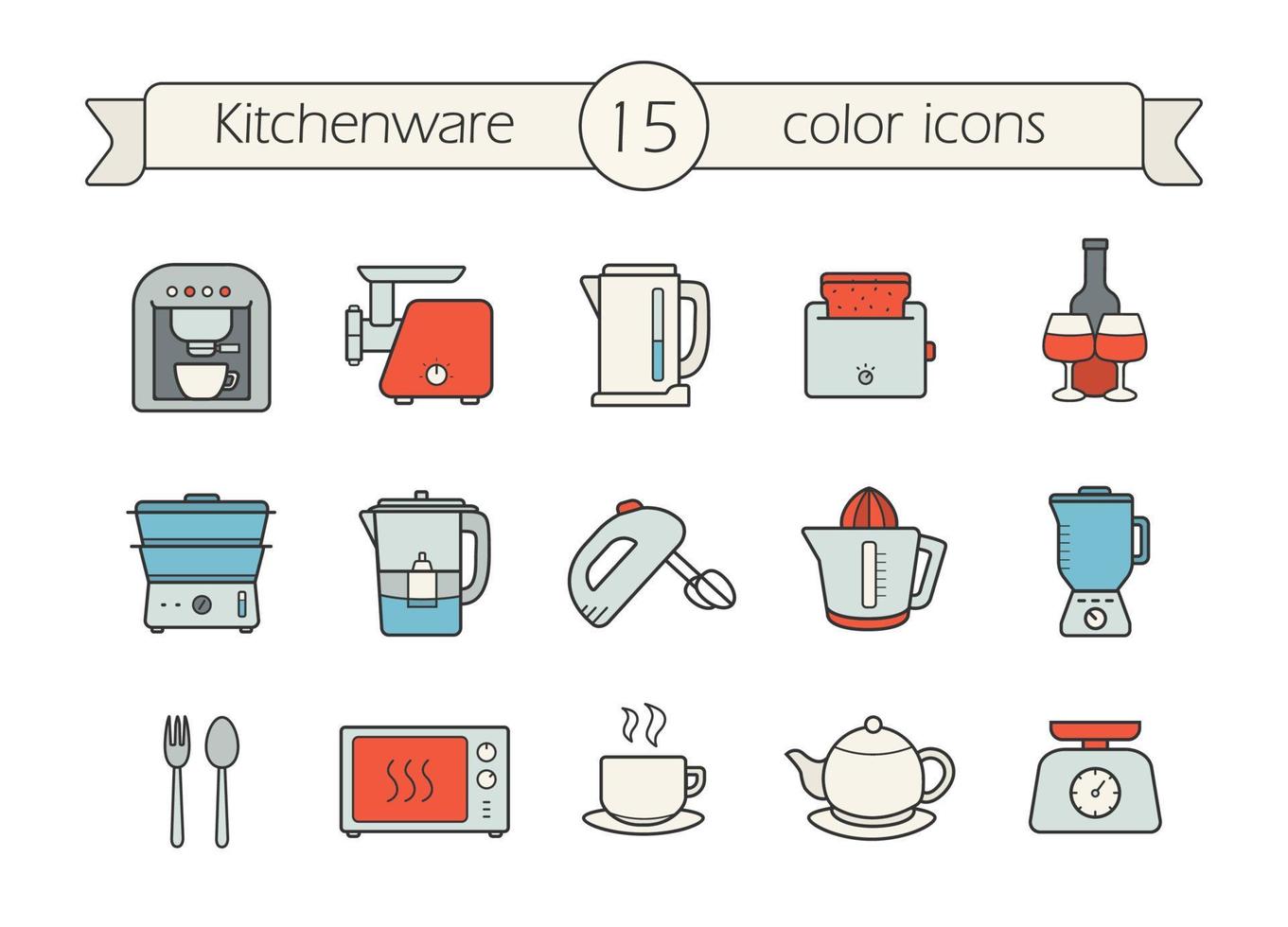 set di icone di colore di stoviglie. macchina ccffee, tritacarne e bollitore elettrico, tostapane,cucina a vapore, filtro acqua, mixer, spremiagrumi, frullatore, cucchiaio e forchetta, forno a microonde. illustrazioni vettoriali isolate