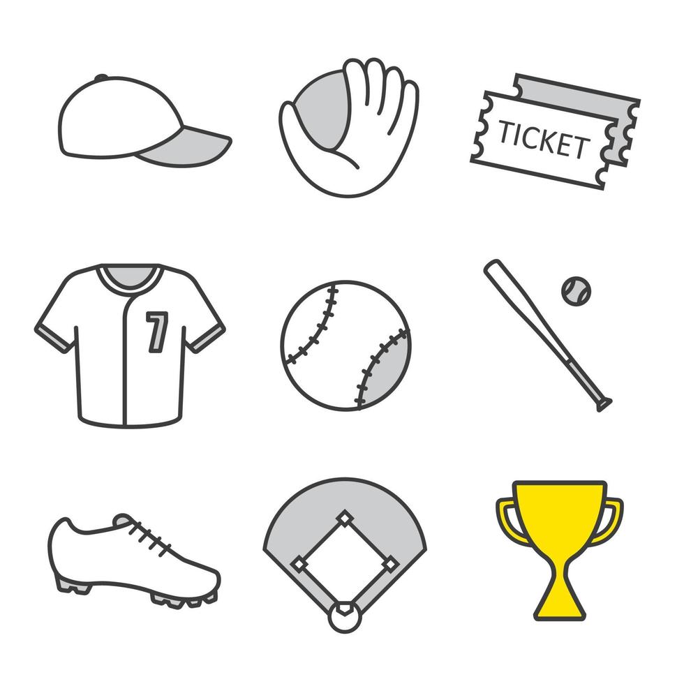 set di icone lineari di attrezzature da baseball. kit del giocatore di softball. biglietti per la partita, berretto, trofeo d'oro, pipistrello, palla, camicia, scarpa, campo, guantone. simboli di contorno linea sottile. illustrazioni vettoriali isolate