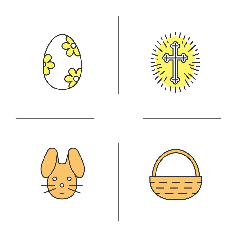 set di icone di colore di Pasqua. crocifisso da chiesa con luce intorno, coniglietto pasquale, uovo con motivo floreale, cesto. illustrazioni vettoriali isolate