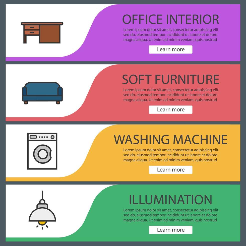 set di modelli di banner per mobili. tavolo, divano, lavatrice, plafoniera. voci di menu del sito web. banner web a colori. concetti di design delle intestazioni vettoriali
