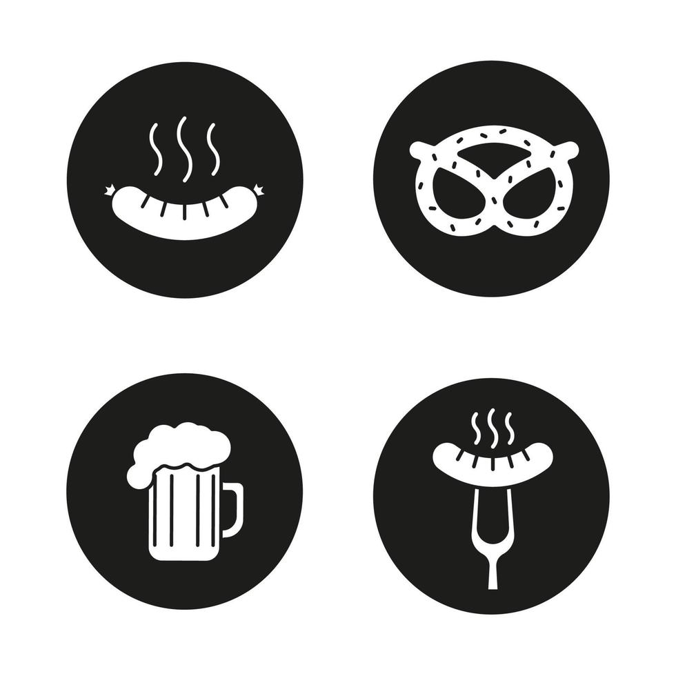 set di icone di snack alla birra. salsiccia fumante sulla forchetta, bratwurst, brezel, bicchiere di birra schiumoso. illustrazioni vettoriali di sagome bianche in cerchi neri