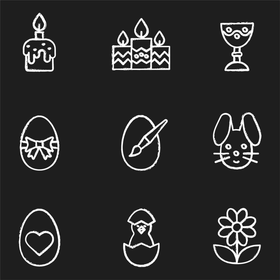 set di icone di gesso di Pasqua. candele, calice, gallina appena nata in guscio d'uovo, fiore, coniglietto pasquale e uova. illustrazioni di lavagna vettoriali isolate