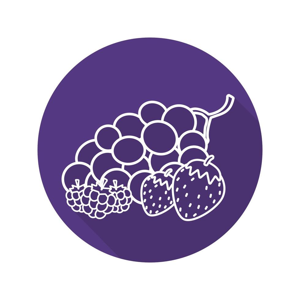 bacche piatto lineare lunga ombra icona. grappolo d'uva, fragola, lampone. simbolo della linea vettoriale