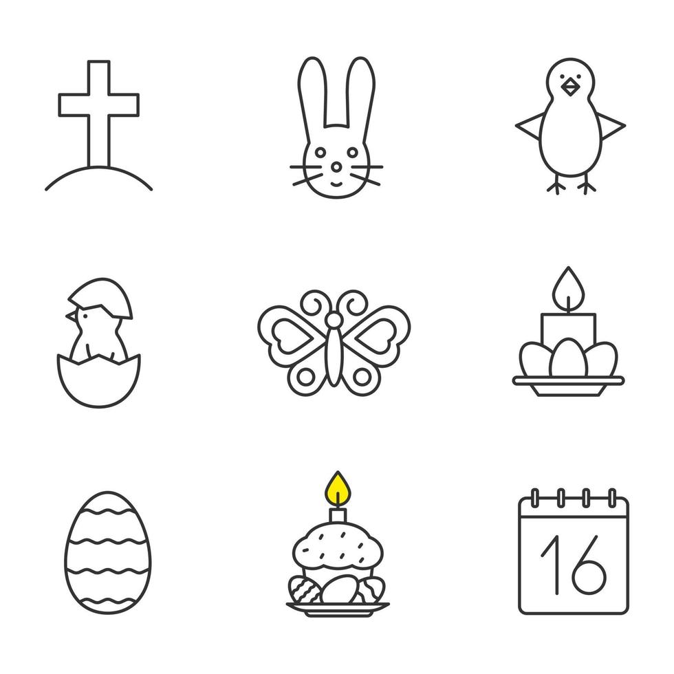 set di icone lineari di Pasqua. croce sulla collina, gallina appena nata in guscio d'uovo, coniglietto pasquale, uova con torta e candele, calendario 16 aprile, farfalla. simboli di contorno linea sottile. illustrazioni vettoriali isolate