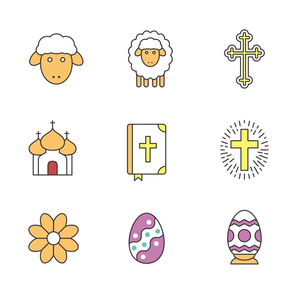 set di icone di colore di Pasqua. fiore, chiesa, sacra bibbia, uova di pasqua, agnelli e croce, crocifisso. illustrazioni vettoriali isolate