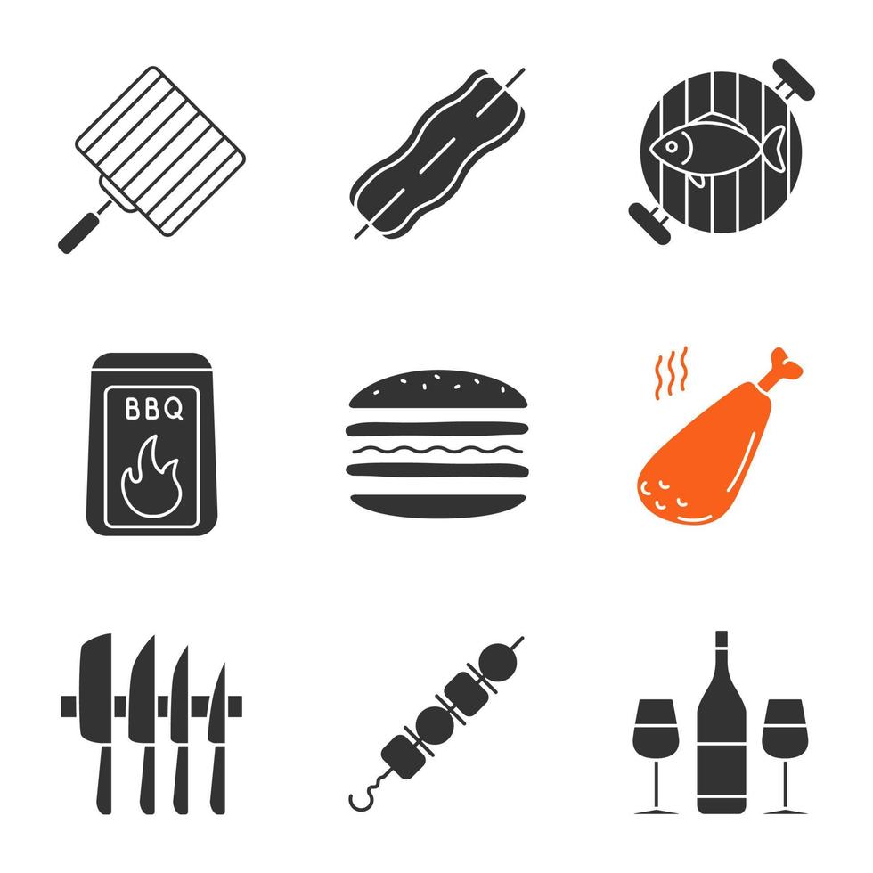 set di icone glifo barbecue. barbecue. griglia a mano, pancetta, pesce alla griglia, carbone, panino, coscia di pollo, set di coltelli, shish kebab, vino. simboli di sagoma. illustrazione vettoriale isolato