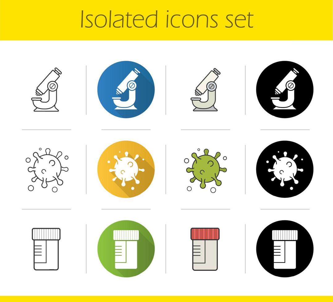 set di icone del laboratorio di scienze. design piatto, stili lineari, neri e a colori. microscopio, struttura della molecola e virus, barattolo di test di laboratorio medico. illustrazioni vettoriali isolate