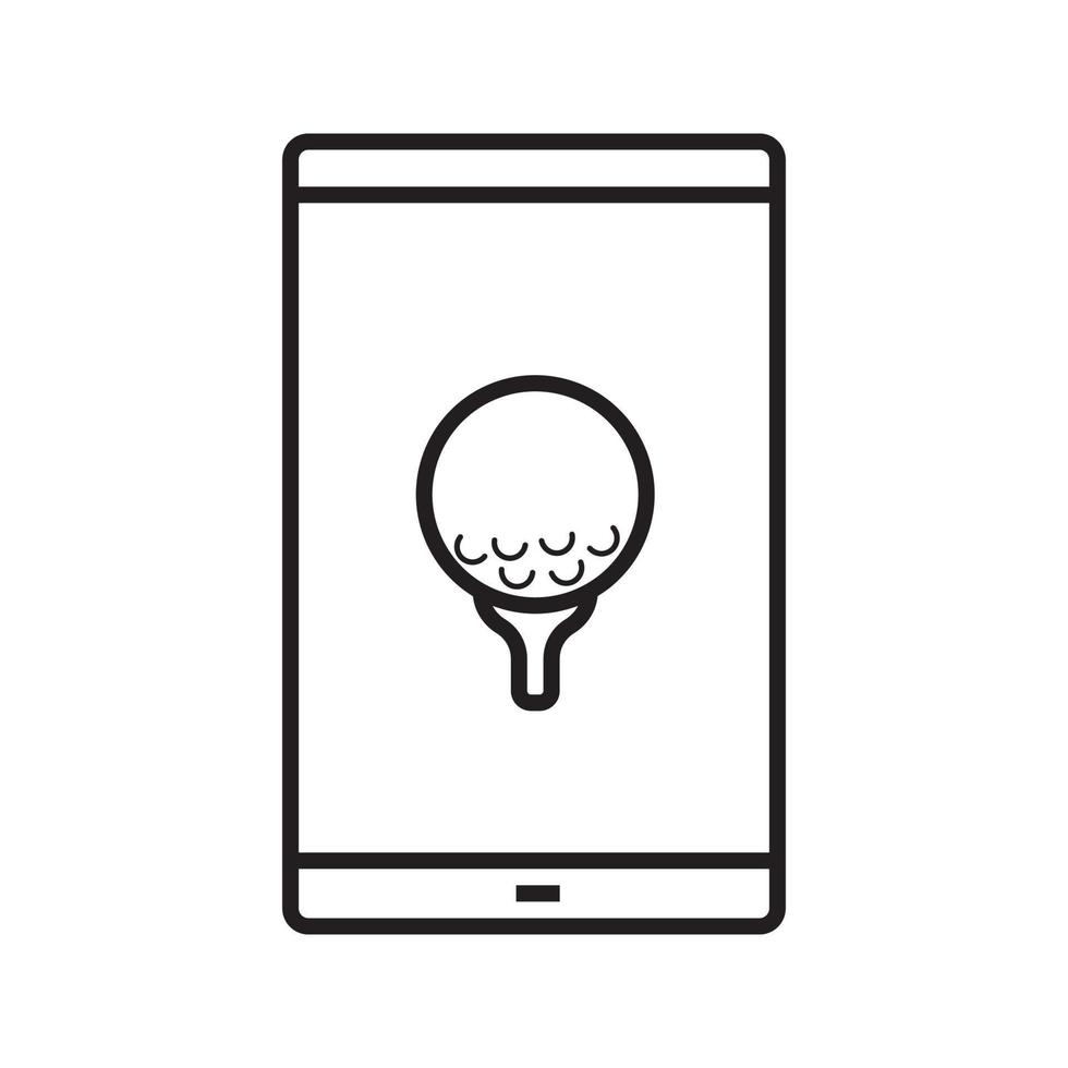 icona lineare dell'app del gioco di golf dello smartphone. illustrazione di linea sottile. smart phone con pallina da golf sul simbolo del contorno del tee. disegno vettoriale isolato contorno