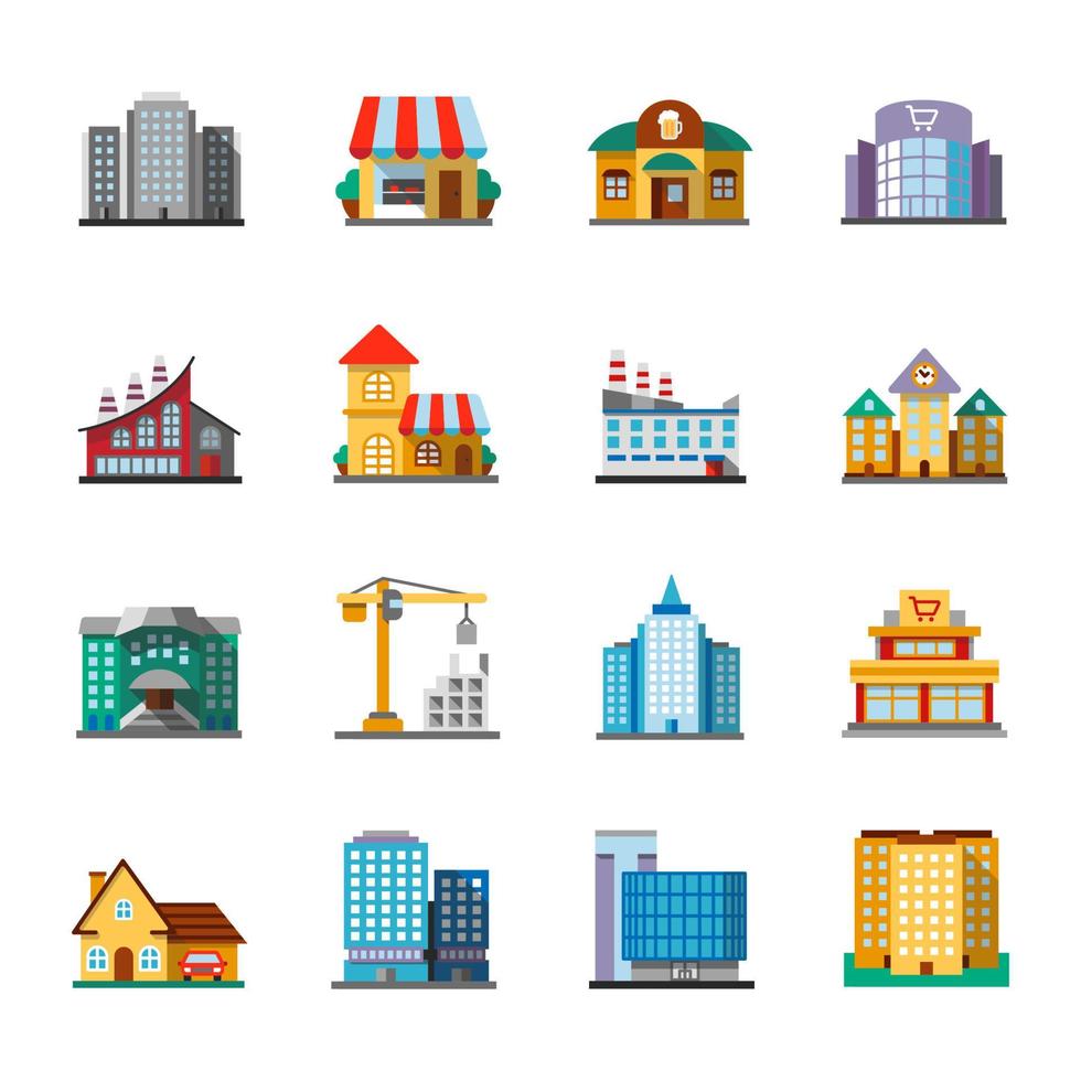 edifici della città design piatto icone di colore lunga ombra impostate. facciate. architettura cittadina. illustrazioni vettoriali di silhouette
