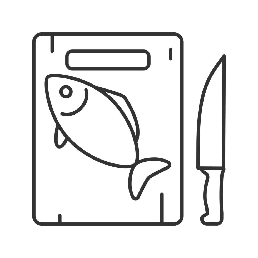 tagliere con icona lineare di pesce e coltello. illustrazione di linea sottile. simbolo di contorno. disegno vettoriale isolato contorno