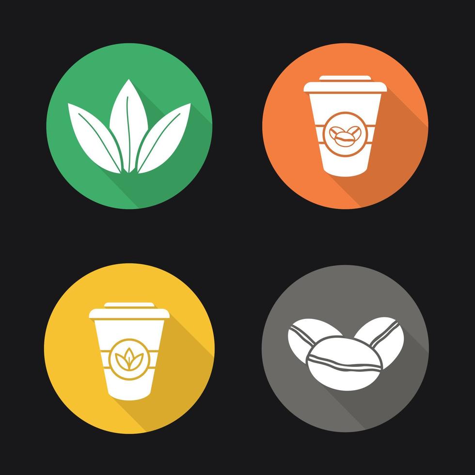 set di icone di lunga ombra di design piatto per tè e caffè. chicchi di caffè tostati, foglie di tè e bicchieri di carta usa e getta. illustrazione vettoriale silhouette