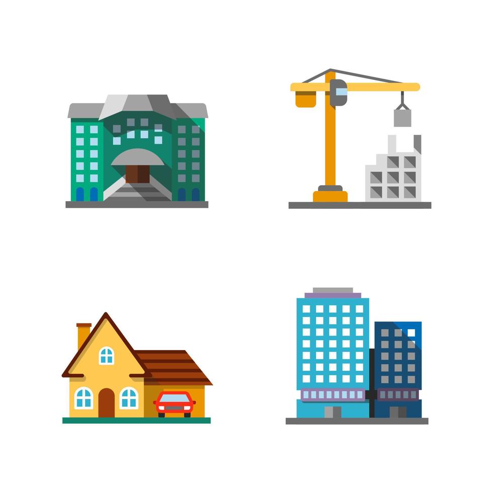 edifici della città design piatto icone di colore lunga ombra impostate. ostello, costruzione, cottage, edificio per uffici. illustrazioni vettoriali di silhouette