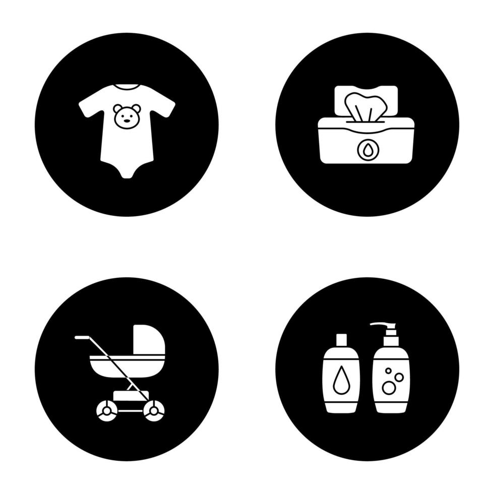 set di icone glifo per l'infanzia. carrozzina, body, salviettine umidificate, shampoo e sapone. illustrazioni vettoriali di sagome bianche in cerchi neri
