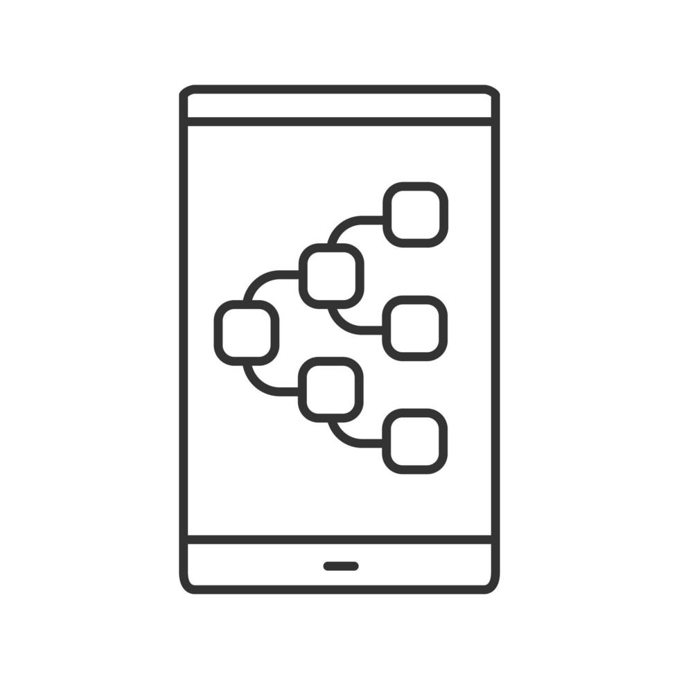 icona lineare dell'app di condivisione dei contenuti. illustrazione di linea sottile. schermo dello smartphone con segno di gerarchia. simbolo di contorno. disegno vettoriale isolato contorno