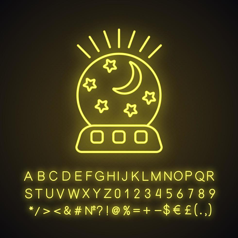 icona della luce al neon della luce notturna. lampada da tavolo con luna e stelle. segno luminoso con alfabeto, numeri e simboli. illustrazione vettoriale isolato