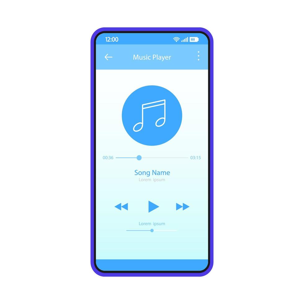 modello di colore di vettore dell'interfaccia dell'app del lettore musicale. layout di progettazione blu della pagina dell'applicazione mobile. schermo del lettore multimediale. piatto ui, gui. riproduzione di audio, radio. display del telefono