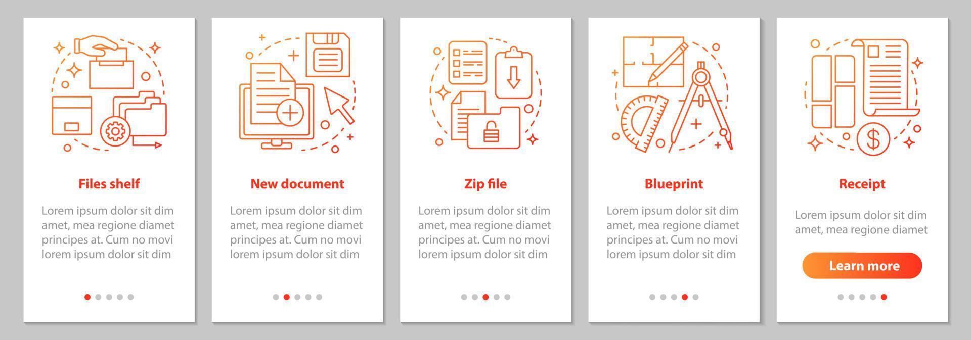 schermata della pagina dell'app mobile di onboarding dei big data con concetti lineari. archiviazione file, nuovo documento, file zip, progetto, istruzioni grafiche per i passaggi di ricevuta. ux, ui, gui modello vettoriale con illustrazioni