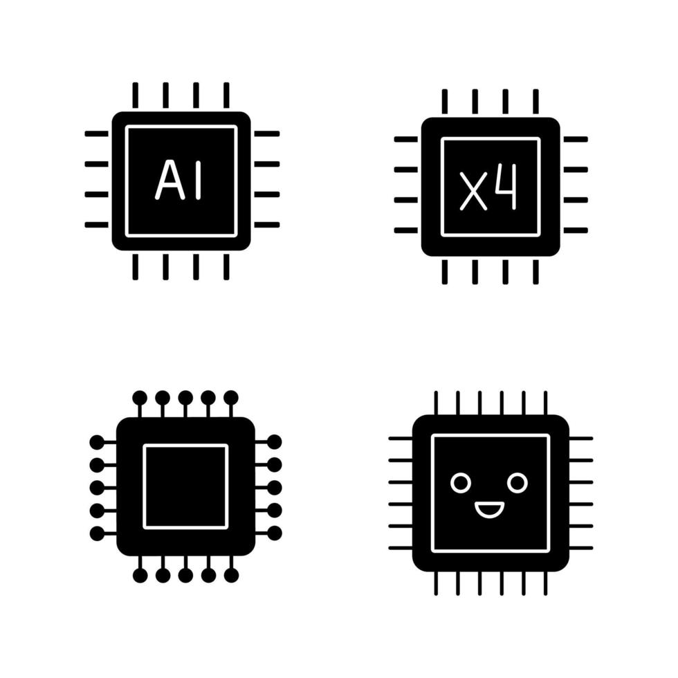 set di icone del glifo di processori. chip, circuito integrato per sistema ai, microprocessore sorridente, processore quad core. simboli di sagoma. illustrazione vettoriale isolato