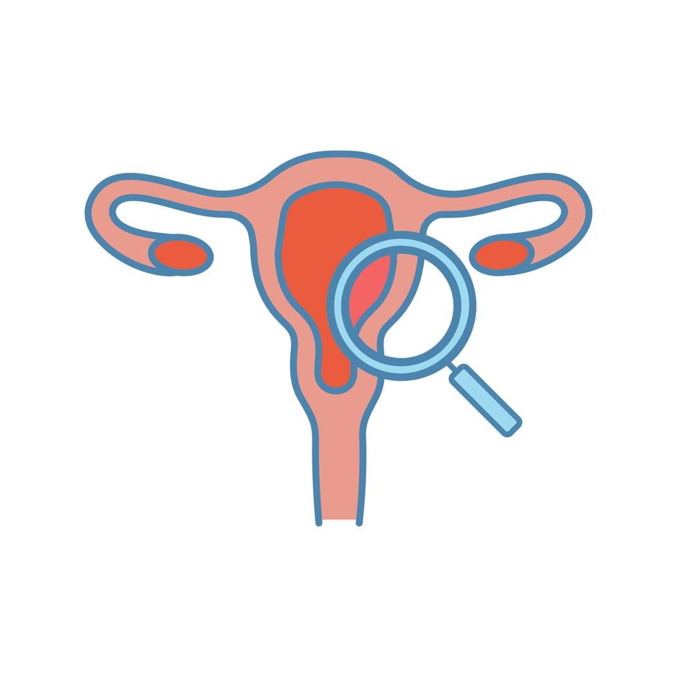 icona del colore dell'esame ginecologico. esame del sistema riproduttivo femminile. ginecologia. utero, tube di Falloppio e vagina con lente d'ingrandimento. la salute delle donne. illustrazione vettoriale isolato