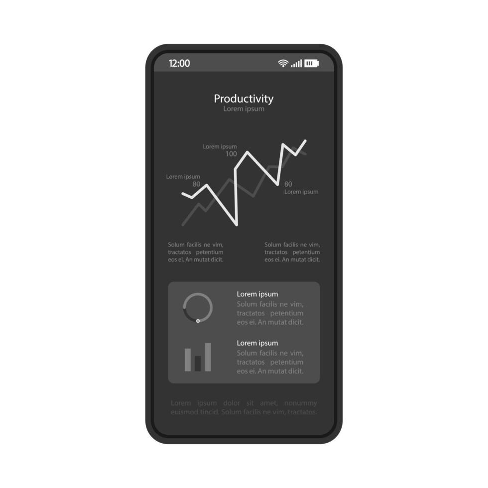 modello di vettore dell'interfaccia del cruscotto dello smartphone. layout di progettazione nera della pagina di produttività mobile. schermata delle statistiche. interfaccia utente piatta dell'applicazione. app per l'analisi dei dati display del telefono con diagramma di analisi