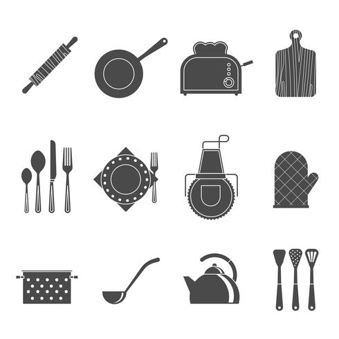 Icone nere degli accessori degli strumenti della cucina messe vettore