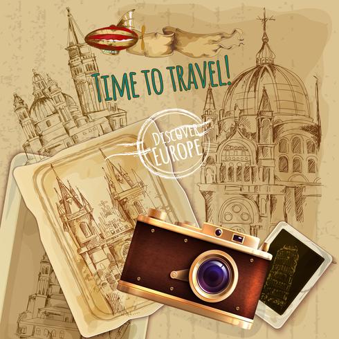 Europa Travel With Camera Poster d&#39;epoca vettore