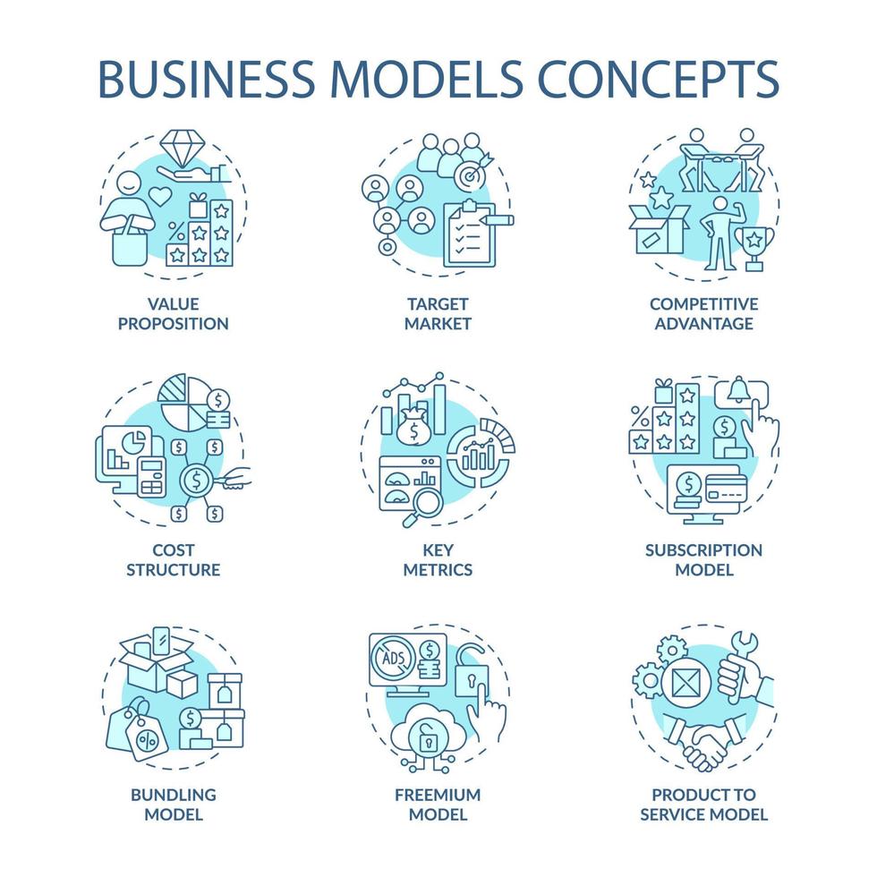 modelli di business blu concetto di icone impostate. proposta di valore. mercato di riferimento. vantaggio competitivo. illustrazioni a colori linea sottile idea aziendale. disegni vettoriali isolati di contorno. tratto modificabile