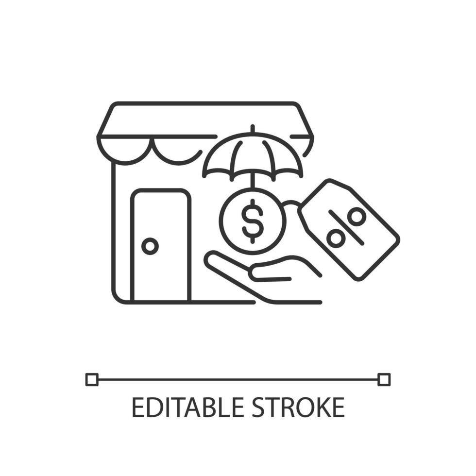 icona lineare di sconti assicurativi per piccole imprese. compensazione delle piccole imprese. sicurezza finanziaria. illustrazione personalizzabile linea sottile. simbolo di contorno. disegno vettoriale isolato profilo. tratto modificabile
