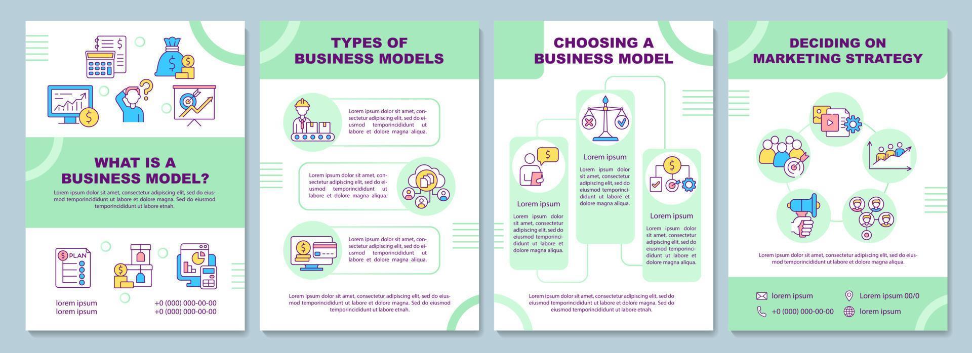 cos'è il modello di brochure del modello di business. strategia di mercato. volantino, opuscolo, stampa di volantini, design di copertina con icone lineari. layout vettoriali per presentazioni, relazioni annuali, pagine pubblicitarie