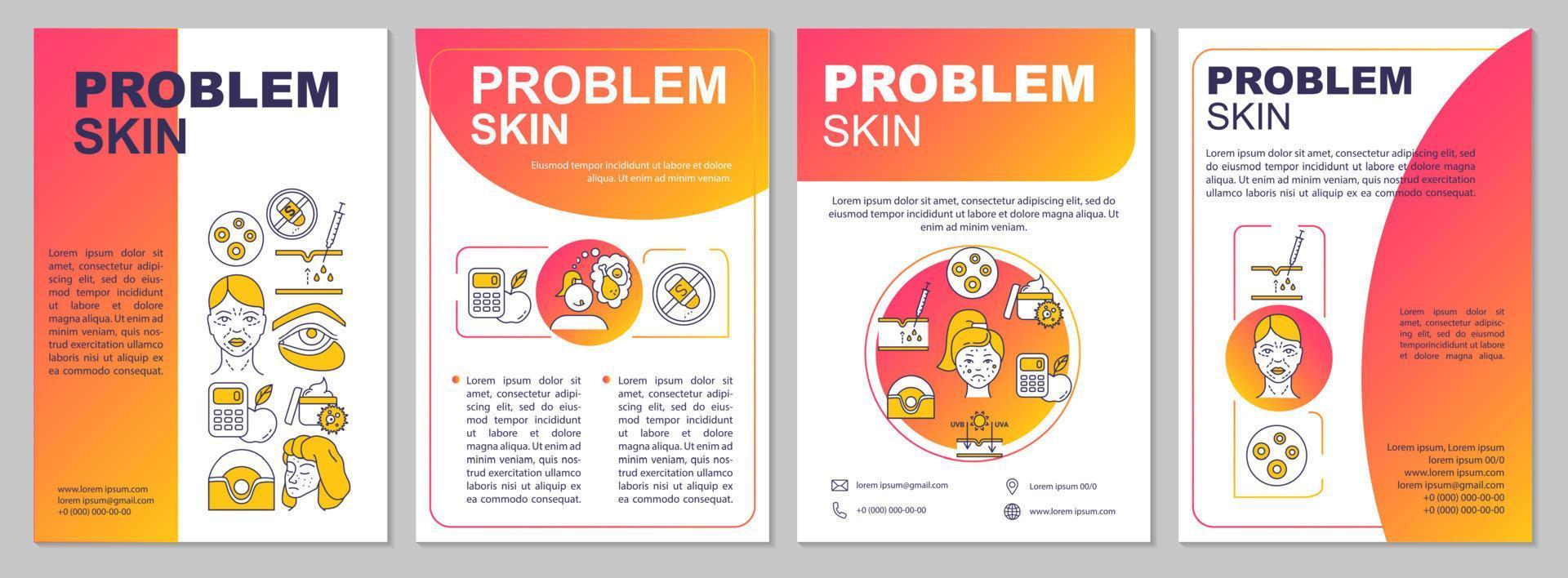 pelle problematica, eruzioni cutanee e rughe, modello di brochure sulla pigmentazione. volantino, opuscolo, stampa di volantini, design di copertina con icone lineari. layout vettoriali per riviste, relazioni annuali, manifesti pubblicitari