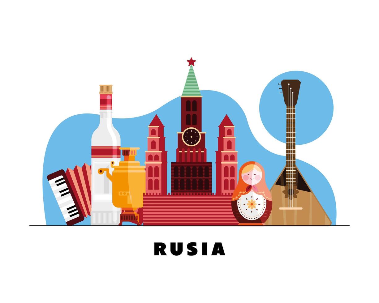 russia lettering e icone della cultura vettore