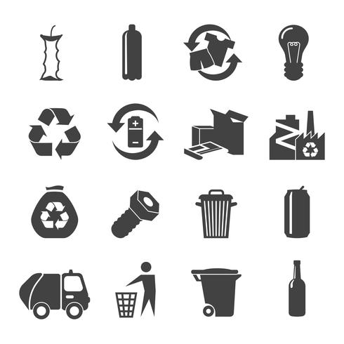 Set di icone di materiali riciclabili vettore