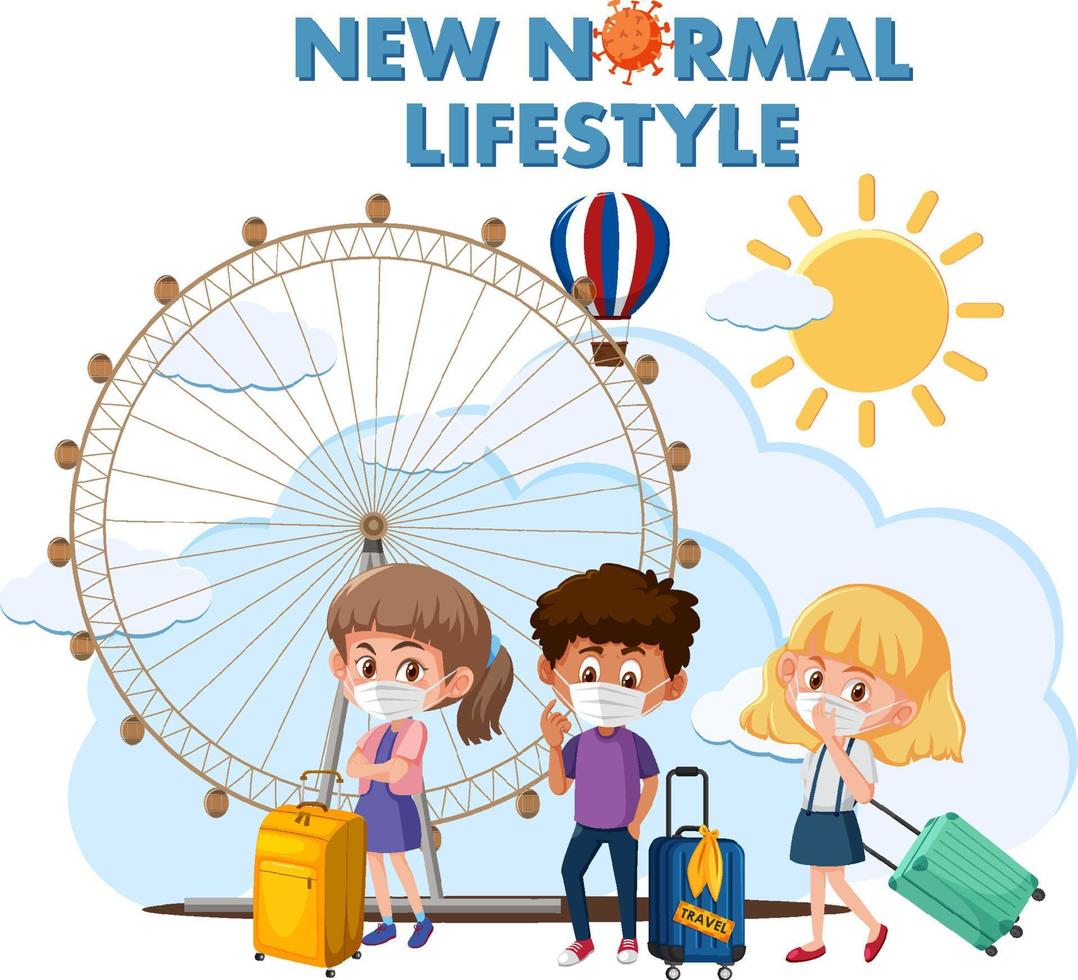nuovo logo di stile di vita normale con persone che viaggiano durante la pandemia di covid-19 vettore