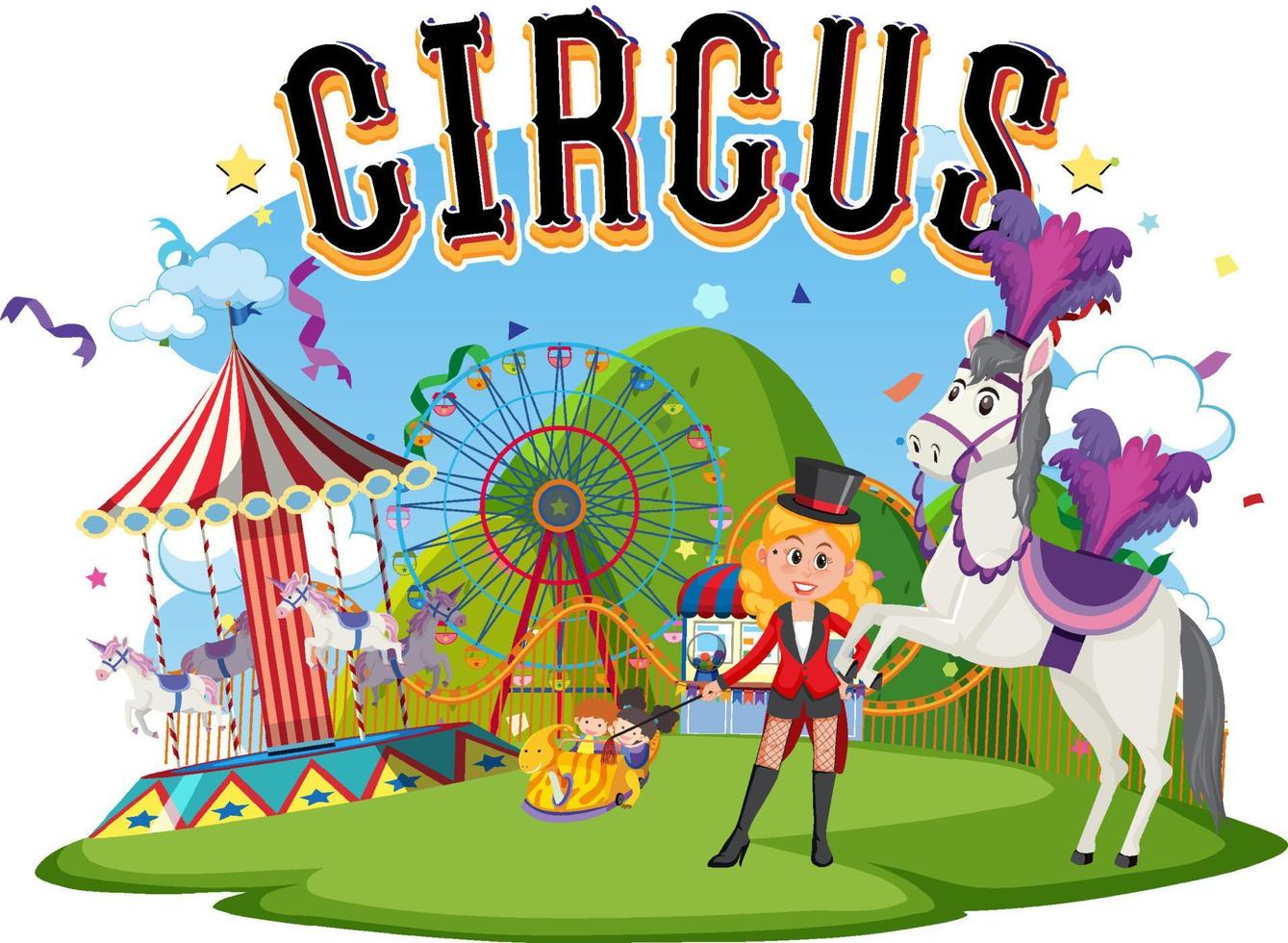 logo del circo con ragazza maga e spettacolo di cavalli vettore