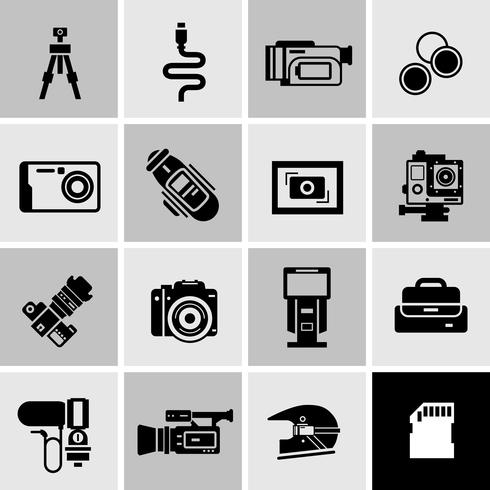 Icone della fotocamera nere vettore