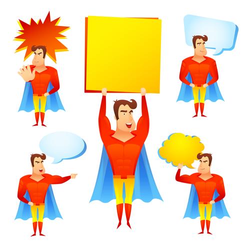 Personaggio dei cartoni animati del supereroe con fumetti vettore