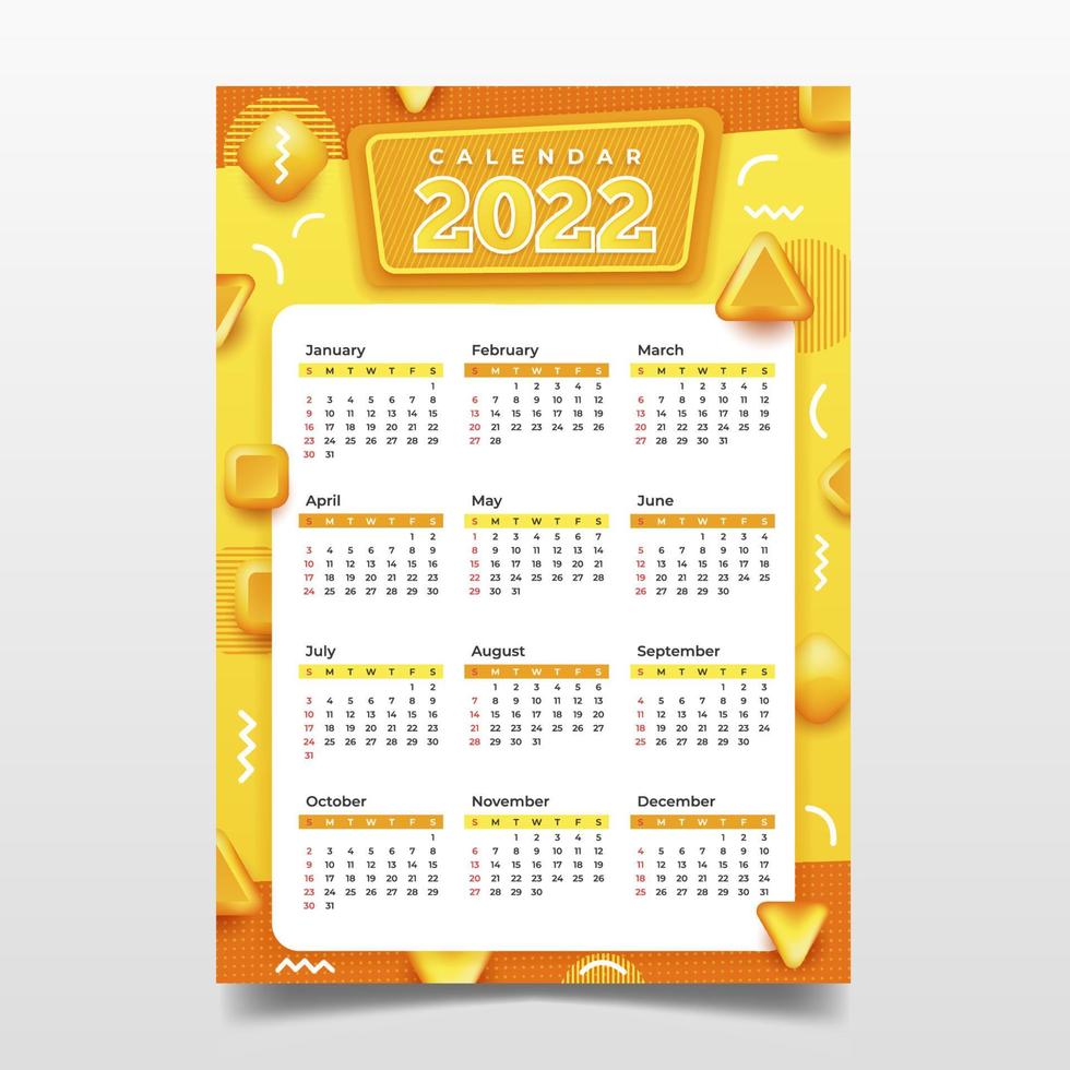 Modello di calendario giallo 2022 vettore