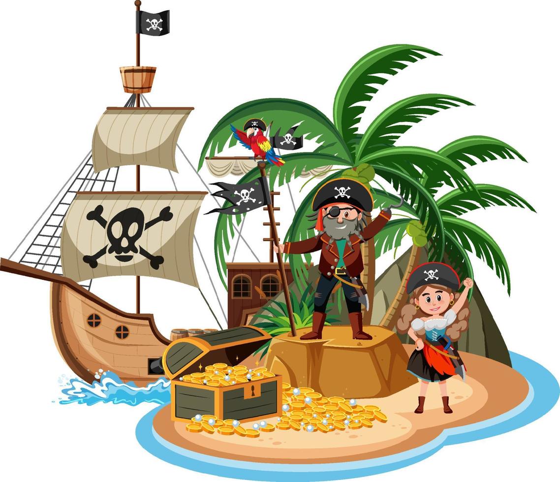 nave pirata sull'isola con personaggio dei cartoni animati pirati isolato su sfondo bianco vettore