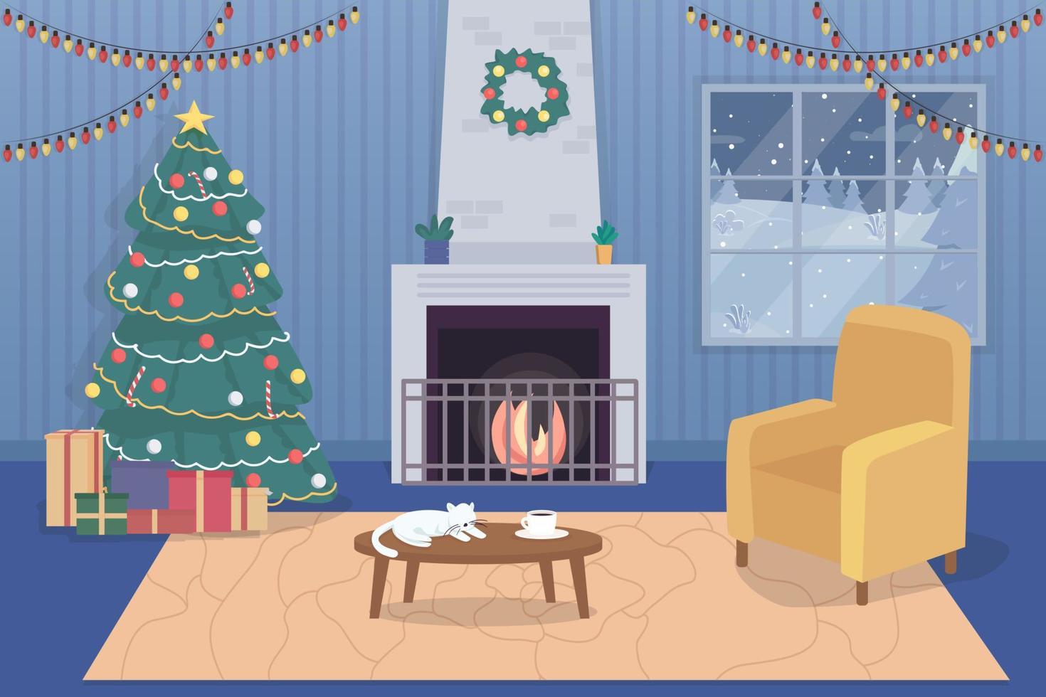 casa accogliente all'illustrazione di vettore di colore piatto di natale. famiglia con decorazioni festive per le vacanze. appartamento confortevole interni in cartone 2d con finestra con paesaggio invernale sullo sfondo