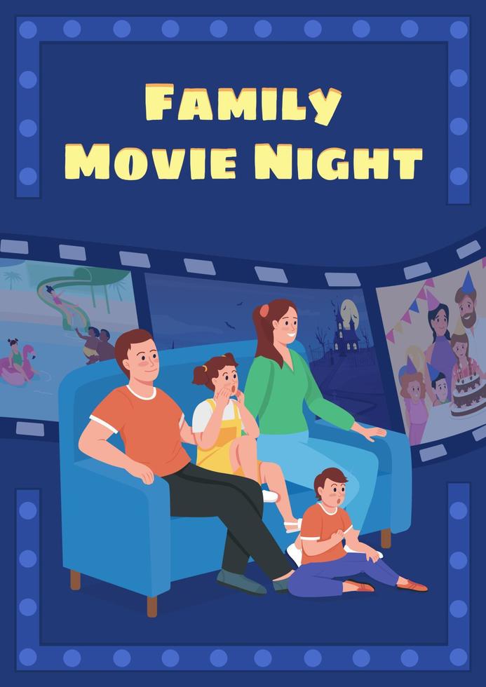 modello di vettore piatto poster di notte di film per famiglie. attività di legame. brochure, libretto di una pagina concept design con personaggi dei cartoni animati. volantino per la maratona di film per famiglie, volantino con spazio per le copie