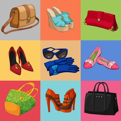 Collezione di borse e accessori per borse da donna vettore