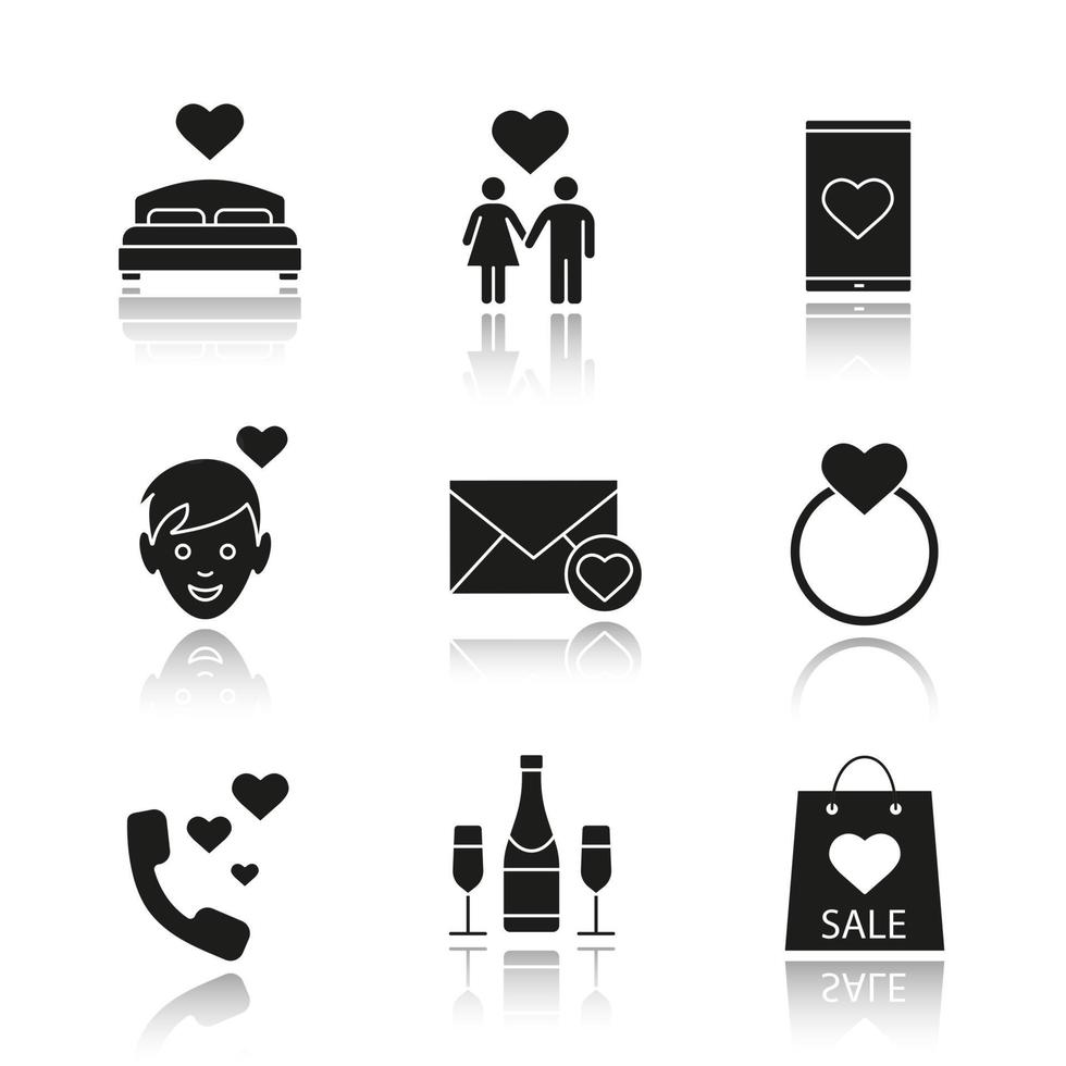 set di icone nere ombra di San Valentino. letto, famiglia, app per appuntamenti su smartphone, ragazzo, champagne, fede nuziale con cuore, chiacchiere romantiche, borsa della spesa, lettera d'amore. illustrazioni vettoriali isolate