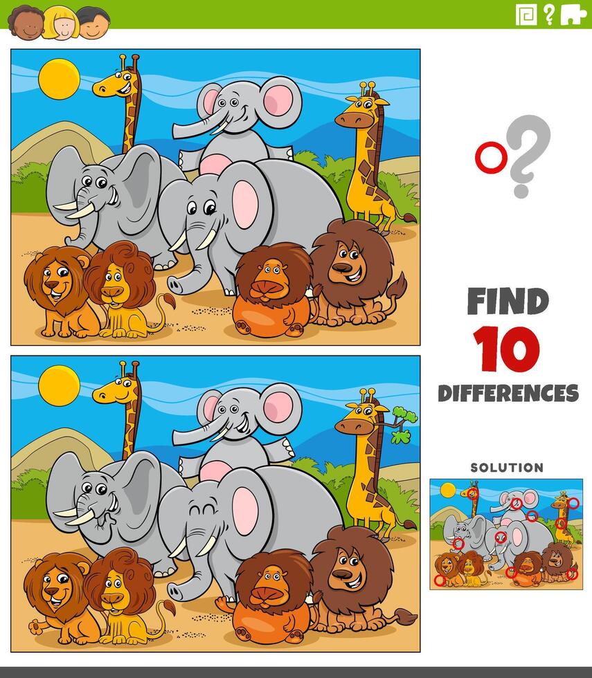 differenze attività con cartone animato safari animale personaggi vettore
