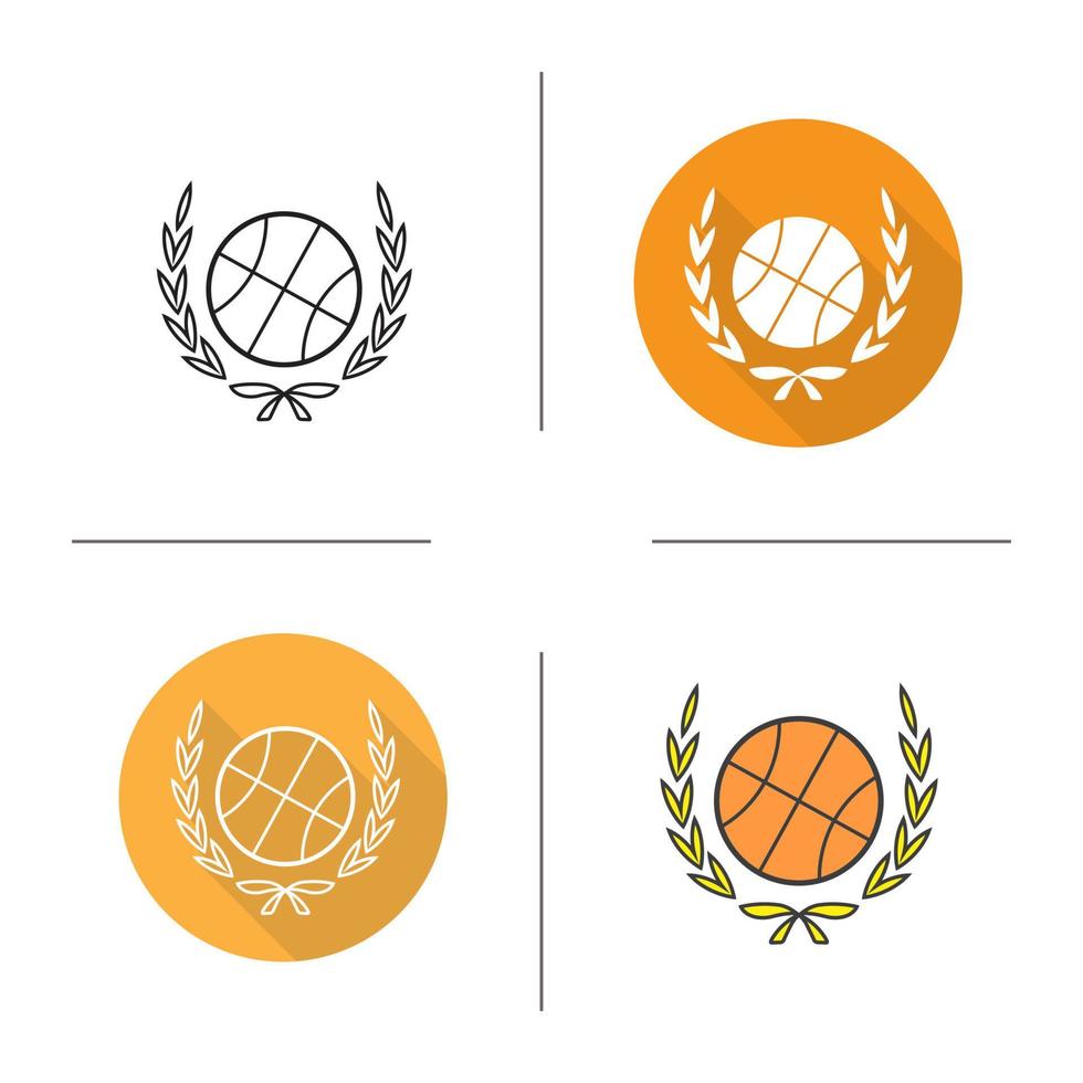 design piatto palla da basket, set di icone lineari e a colori. emblema della competizione di basket. simboli di contorno e ombra lunga. palla da basket con concetti di logo corona di alloro. illustrazioni vettoriali isolate