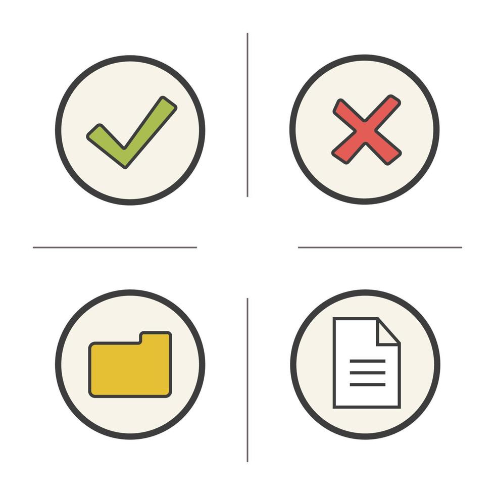 simboli digitali icone di colore impostate. accettare e annullare i simboli. nuovo documento e cartella. illustrazioni vettoriali isolate