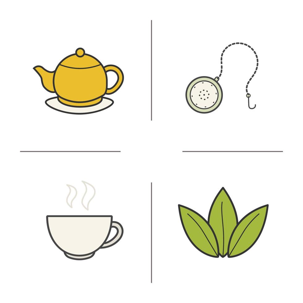 set di icone di colore del tè. tazza fumante, teiera sul piatto, foglie di tè sfuse e infusore a sfera. illustrazioni vettoriali isolate