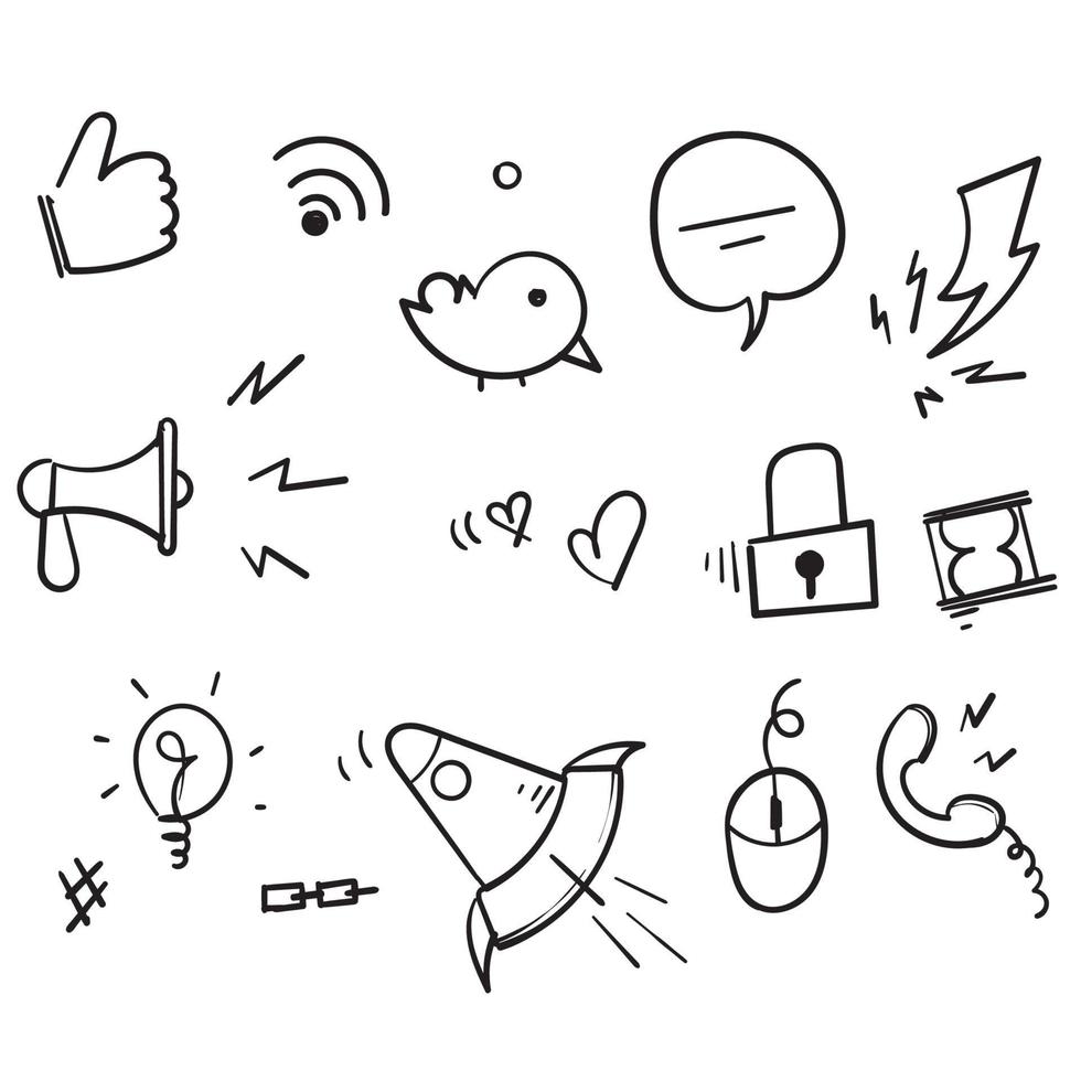 vettori disegnati a mano dell'illustrazione dell'icona dei social media di scarabocchio isolati su fondo