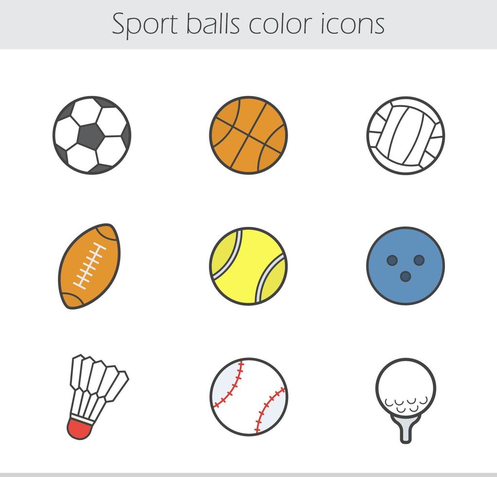 set di icone di colore delle palle di sport. attrezzature per giochi di squadra. palloni da baseball, basket e calcio. pallavolo, tennis e bocce. badminton, rugby e palline da golf. illustrazioni vettoriali isolate